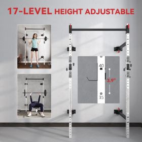 Folding Squat Rack with Pull Up Bar, Wall Mounted and Adjustable, 1000 Pounds Capacity Power Rack, White